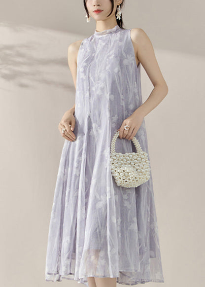French Purple Turtleneck Print Tulle Holiday Long Maxi Dresses Summer