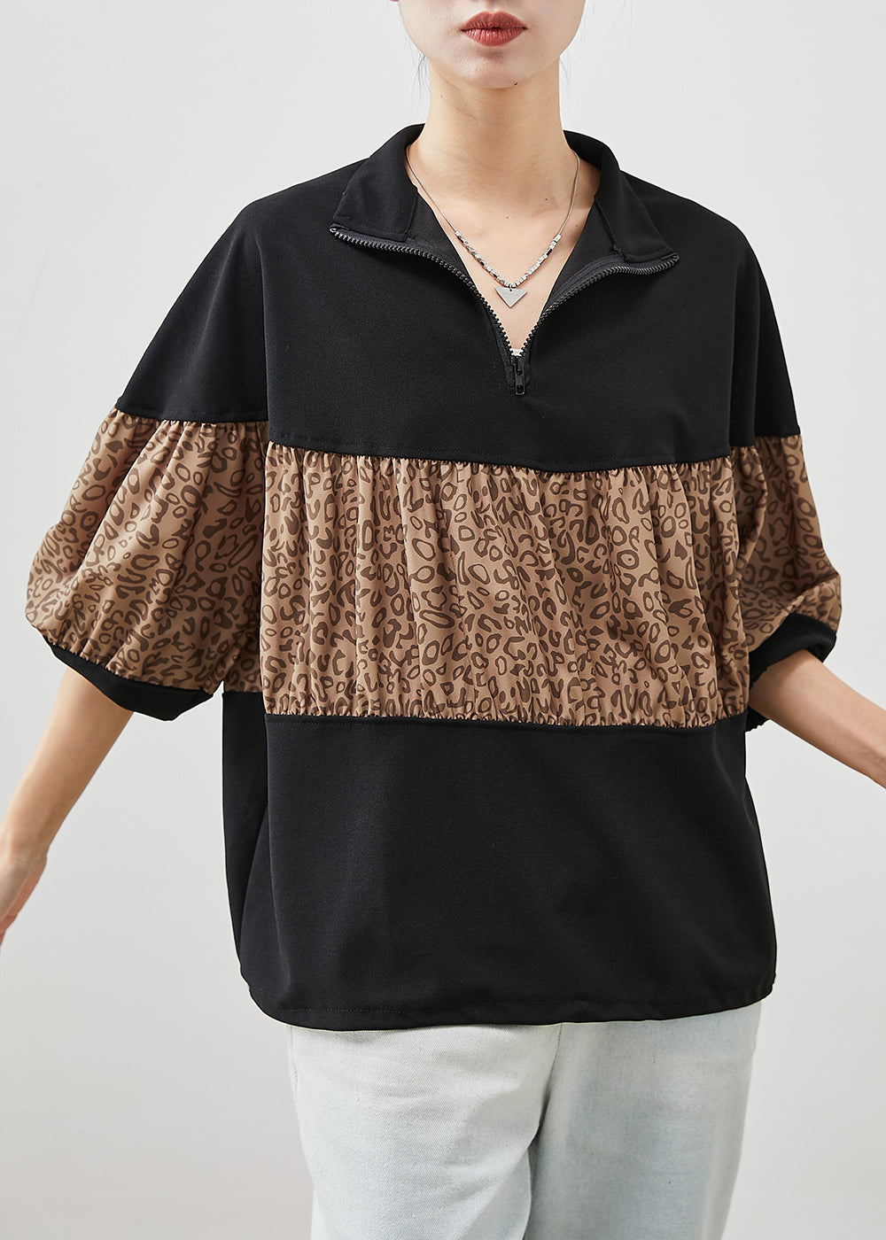 Classy Black Oversized Patchwork Leopard Cotton Sweatshirt Spring