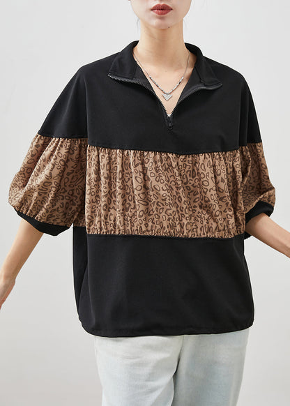 Classy Black Oversized Patchwork Leopard Cotton Sweatshirt Spring