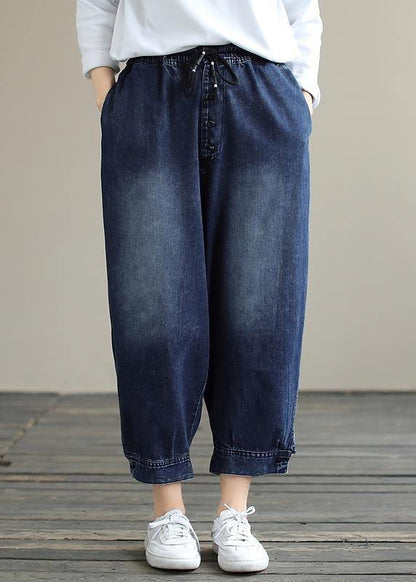 French Denim Blue Pants Spring Elastic Waist Pockets Inspiration Pants