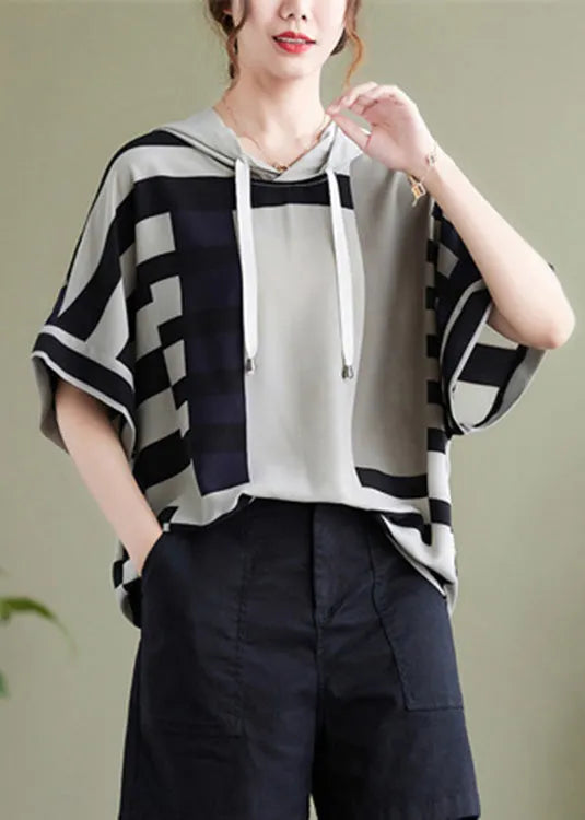 Apricot Neck Tie Hooded Tops Short Sleeve
