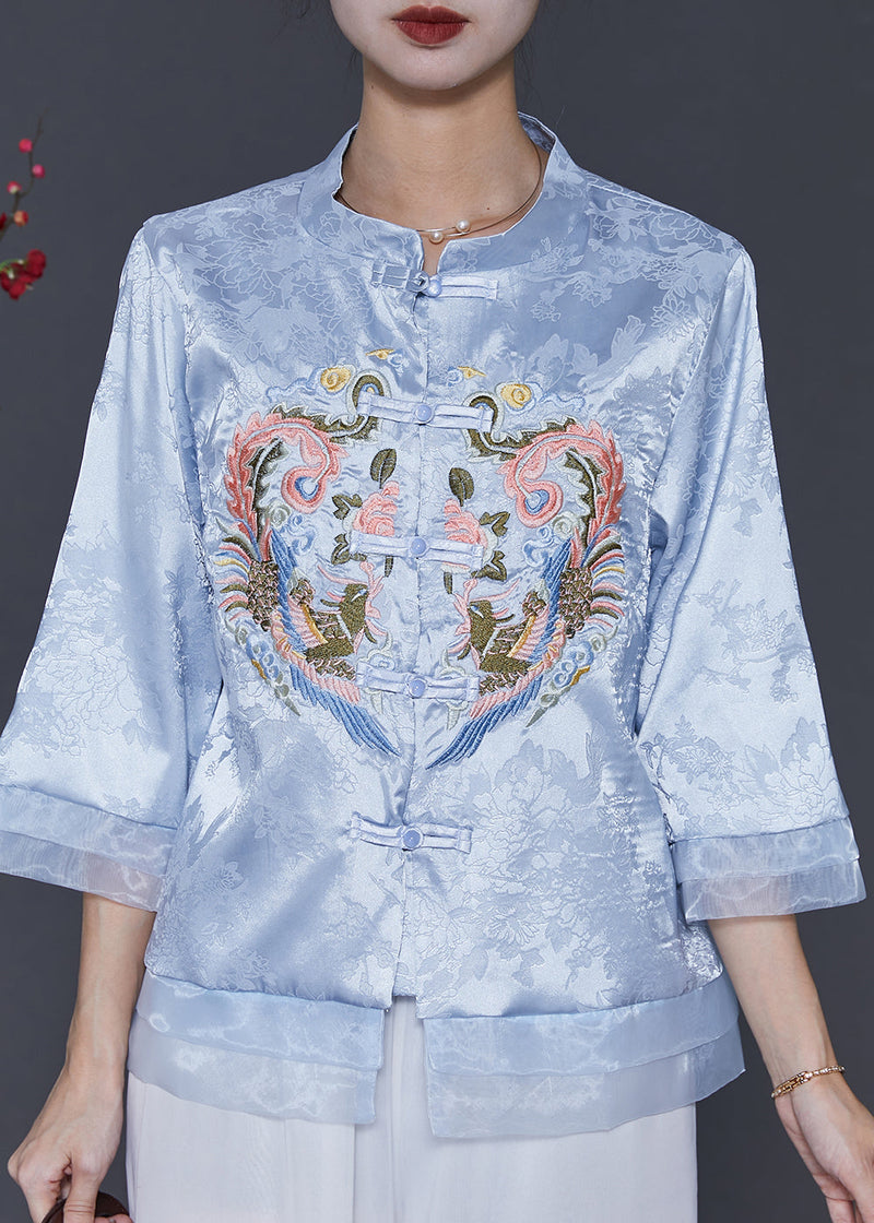 Blue Embroidered Patchwork Oriental Silk Blouses Spring