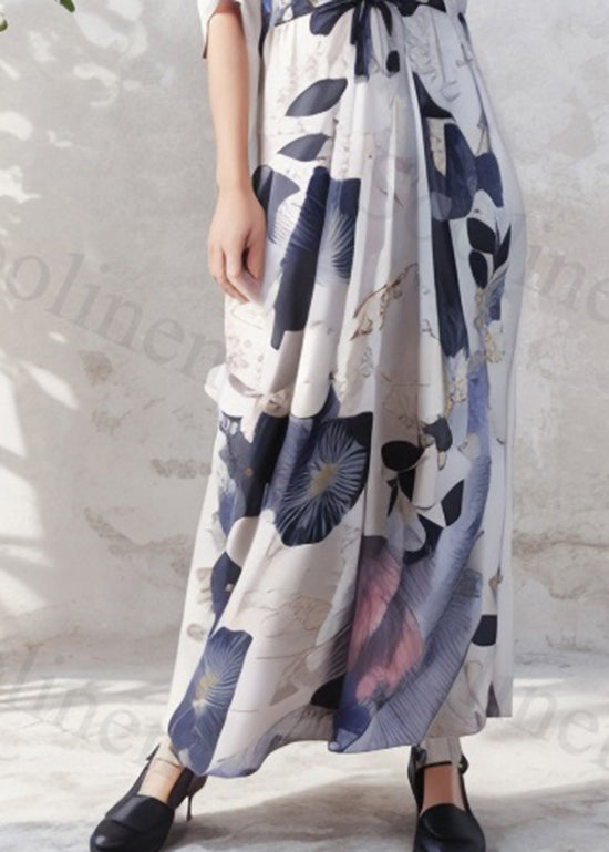 Loose O-neck Print Wrinkled Silk Long Dress Summer