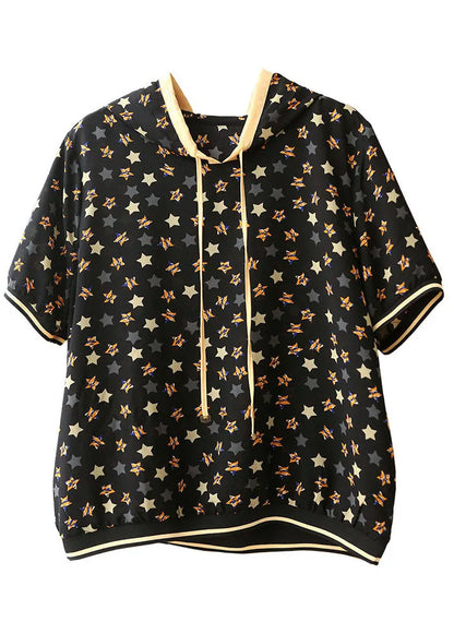 Black Drawstring Hooded Pentagram Print Silk Top Summer