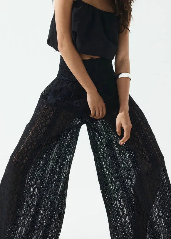 New Black Hollow Out Elastic Waist Lace Wide Leg Pants Summer