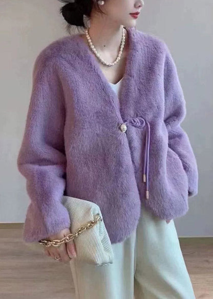 Purple V Neck Tassel Faux Fur Short Jacket Winter
