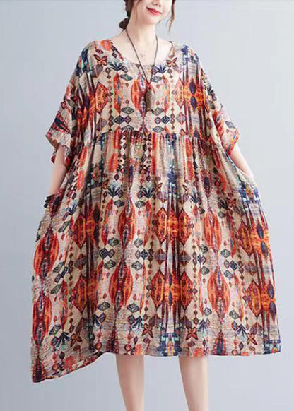 Orange O-neck Print Holiday Maxi Dress Summer