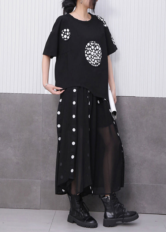 Novelty Black Print T Shirts and Tulle Maxi Skirts Two Pieces Set Summer