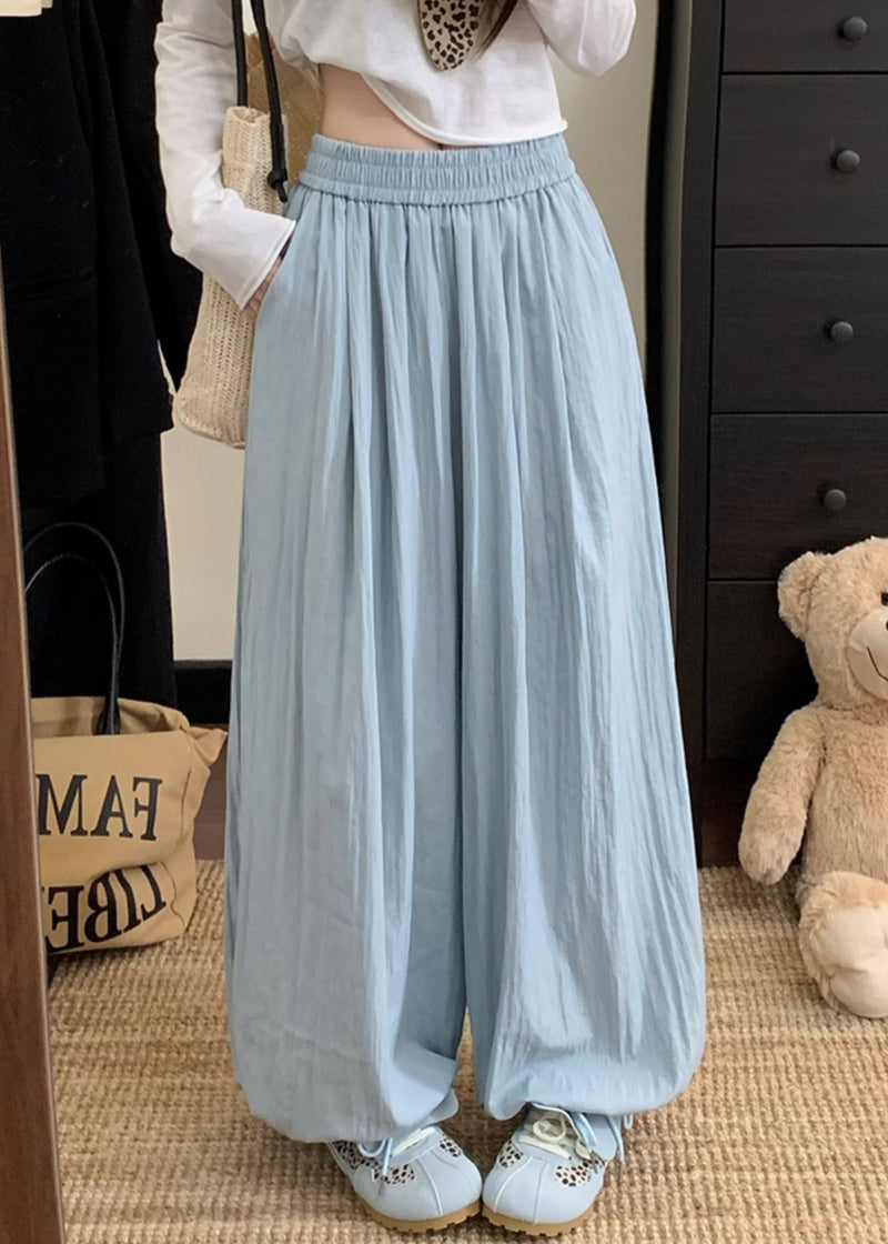 Blue Pockets Elastic Waist Cotton Pants Fall