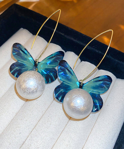 Boutique Blue Acrylic Butterfly Pearl Hoop Earrings