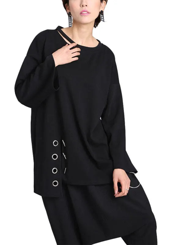 French Black O-neck Asymmetrical Design Fall Long Sleeve Top