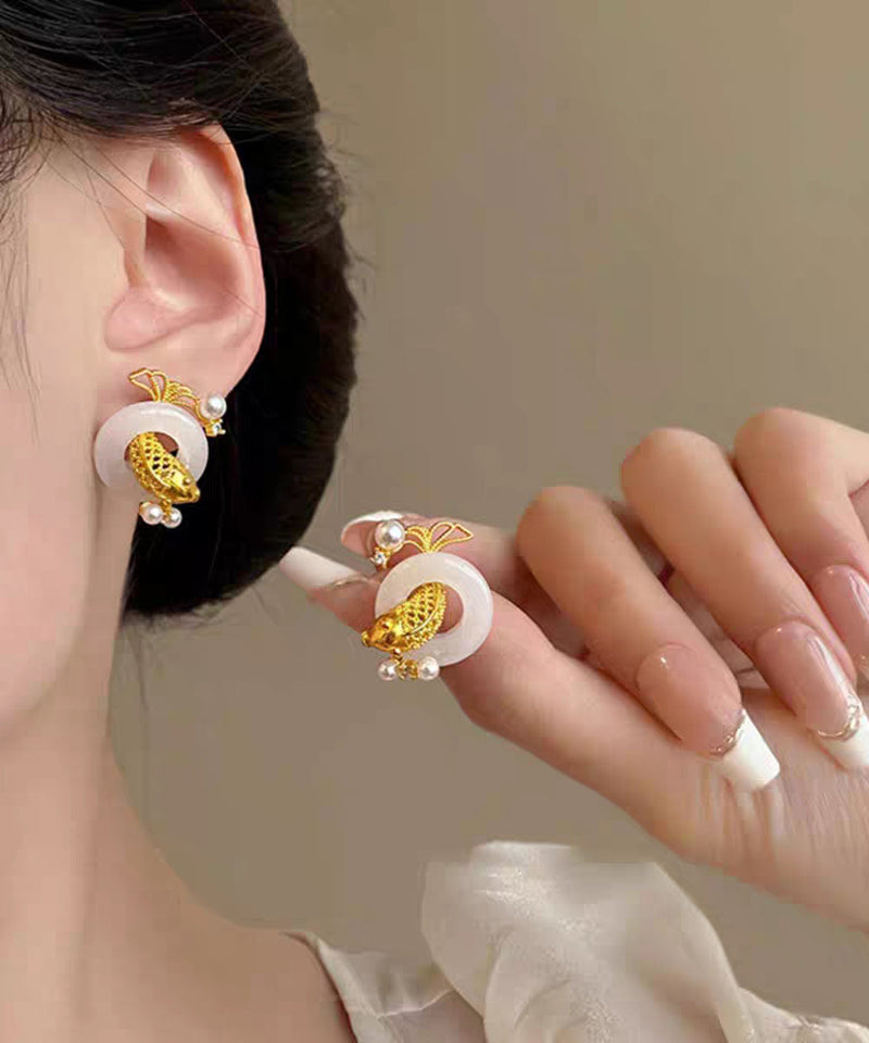 Chinese Style White Copper Overgild Jade Pearl Koi Fish Hoop Earrings