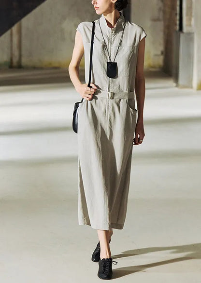 New Stand Collar Pockets Cotton Long Dresses Summer