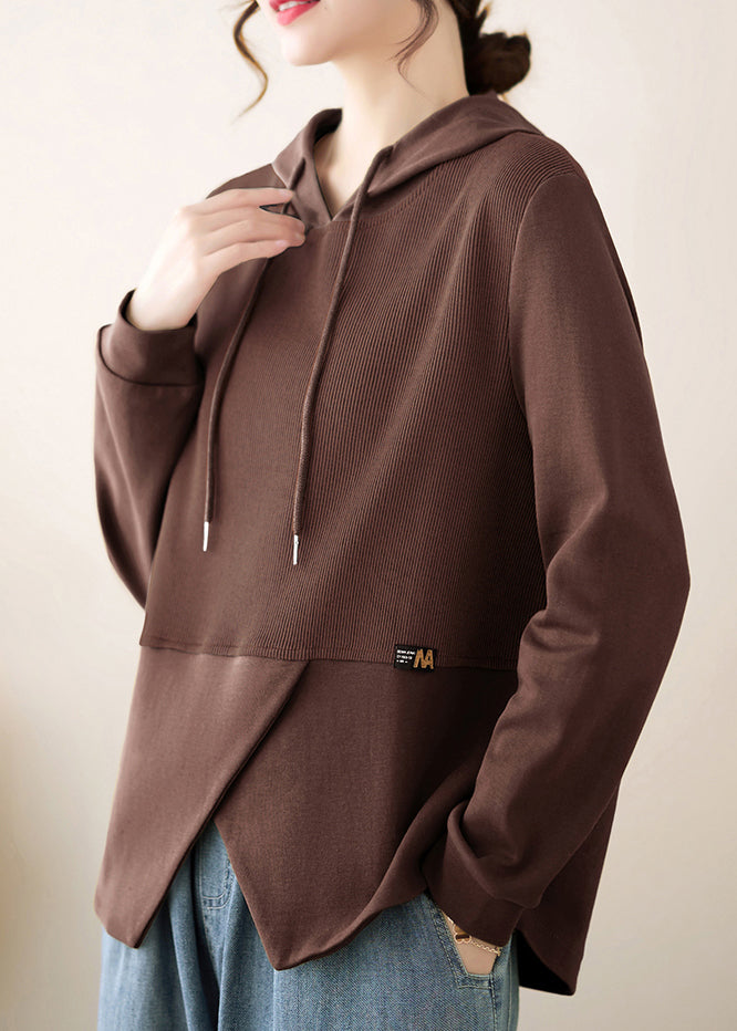 Coffee Asymmetrical Ruffled Patchwork Cotton Hooded Top Fall