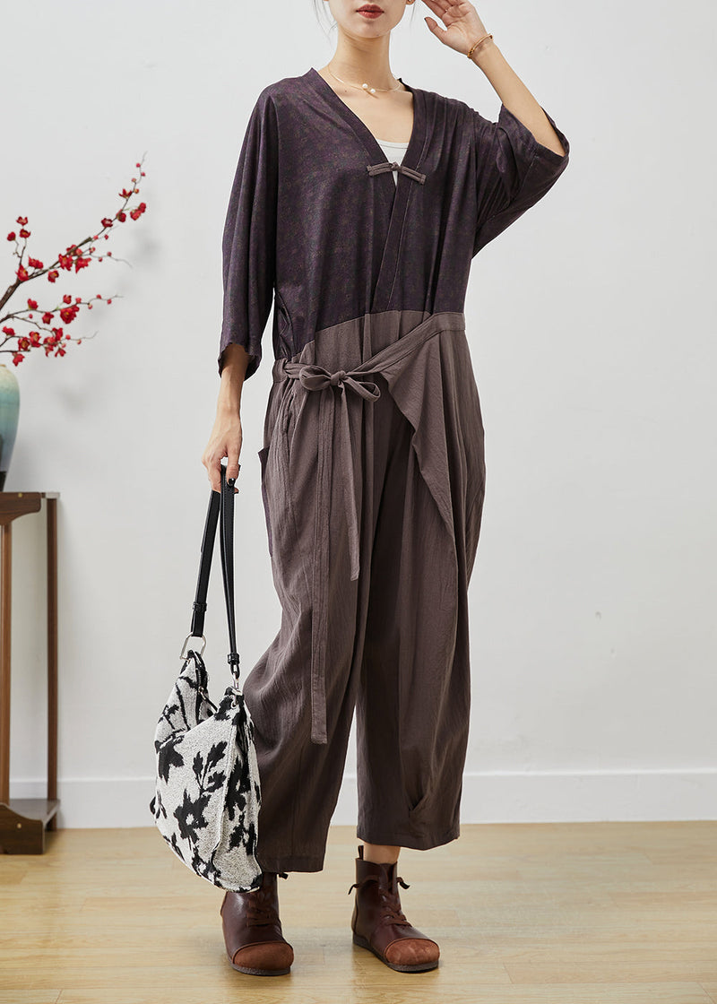 Colorblock Chinese Button Patchwork Lace Up Linen Jumpsuits Fall