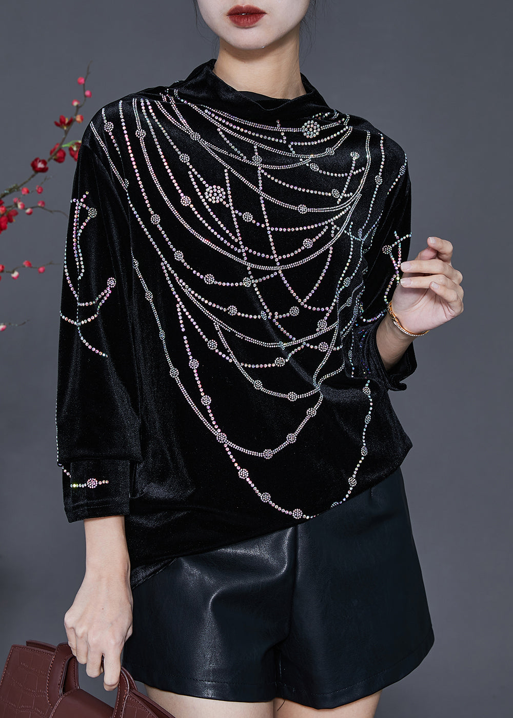 Diy Black Turtle Neck Zircon Silk Velour Shirts Spring