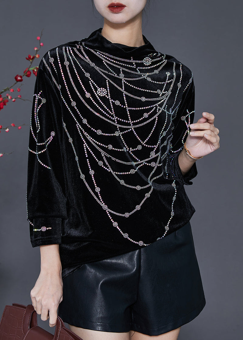 Diy Black Turtle Neck Zircon Silk Velour Shirts Spring