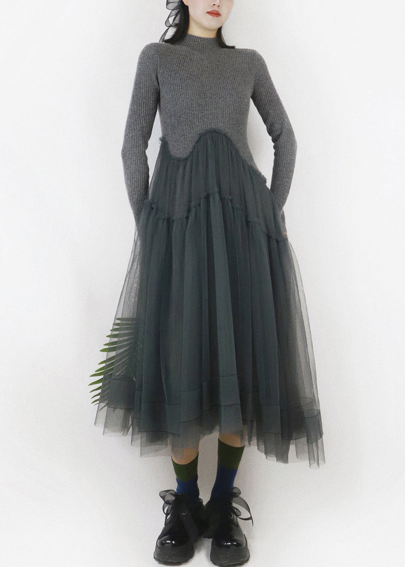 Art Dark Gray Asymmetrical Tulle Patchwork Sweater Dress Spring