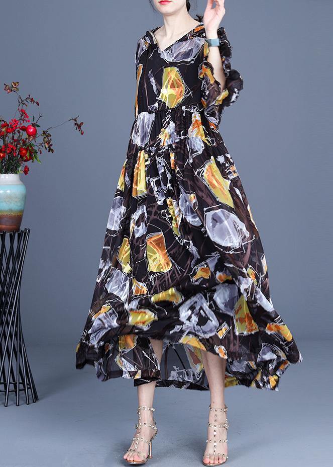 Yellow Print Hooded Cinched Mid Dress Summer Silk