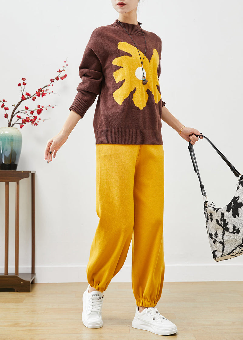 Coffee Oversized Print Knit Two Pieces Set Fall