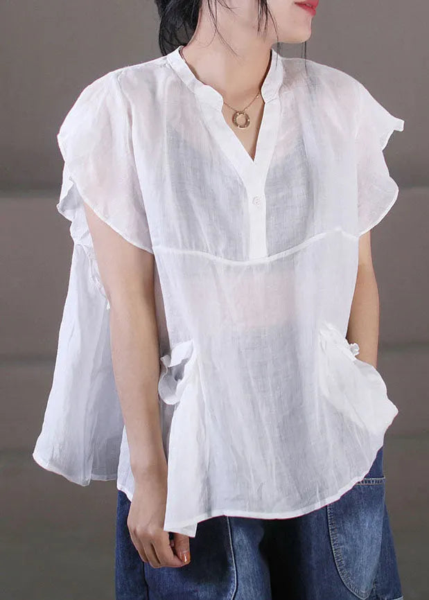 White Patchwork Cotton Linen Tanks V Neck Pockets Color Short Sleeve