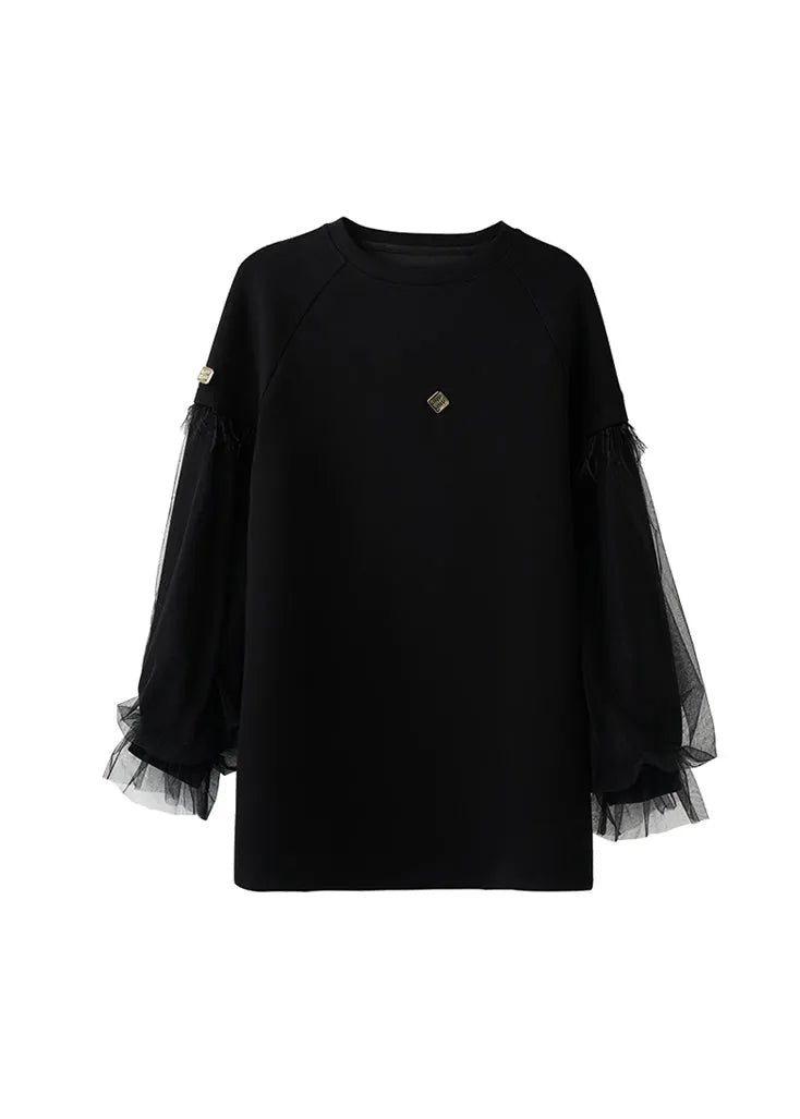 Black O Neck Tulle Patchwork Cotton Sweatshirts Top Fall