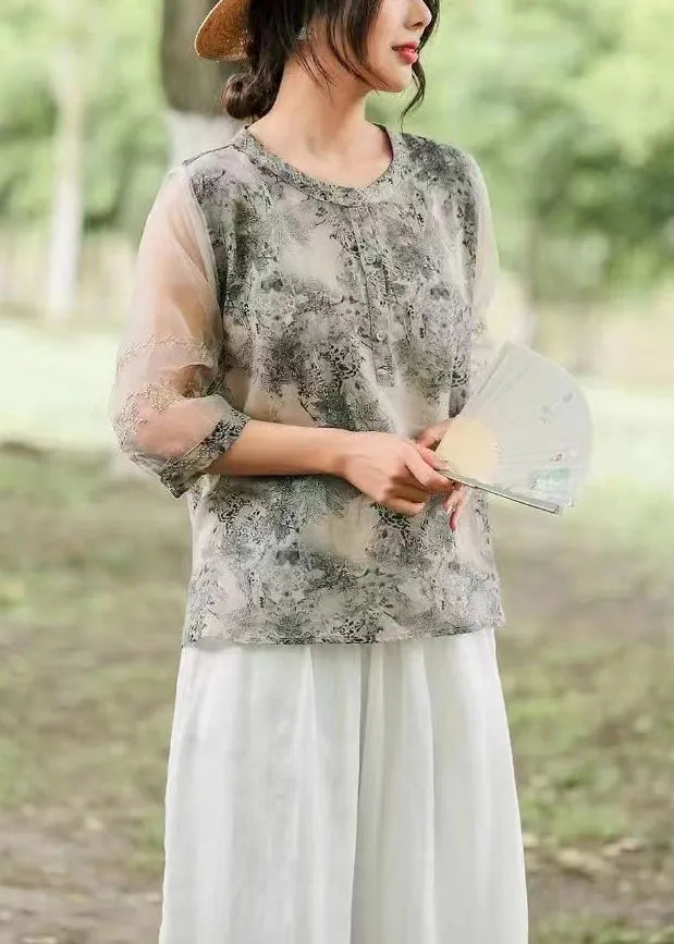Black Print Tulle Patchwork Shirts Half Sleeve