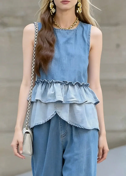 Gradient Color Ruffled Patchwork Denim Two Pieces Set Sleeveless