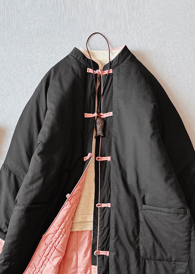 Black Pockets Chinese Button Fine Cotton Filled Loose Coat Winter
