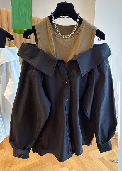 Style Black O-neck Off Shoulder Patchwork Shirts Long Sleeve