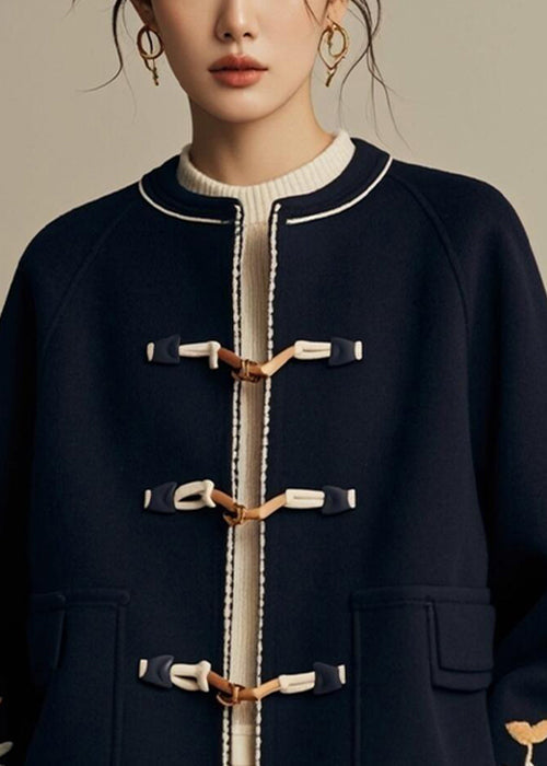 Navy O-neck Button Print Cotton Coat Fall