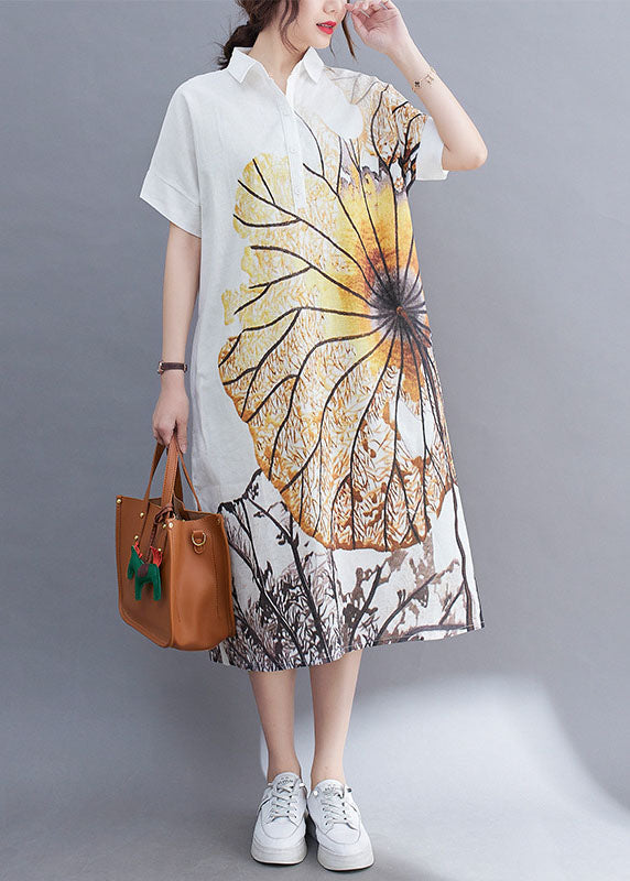 Italian White Peterpan Collar Button Print Loose Summer Short Sleeve Dresses