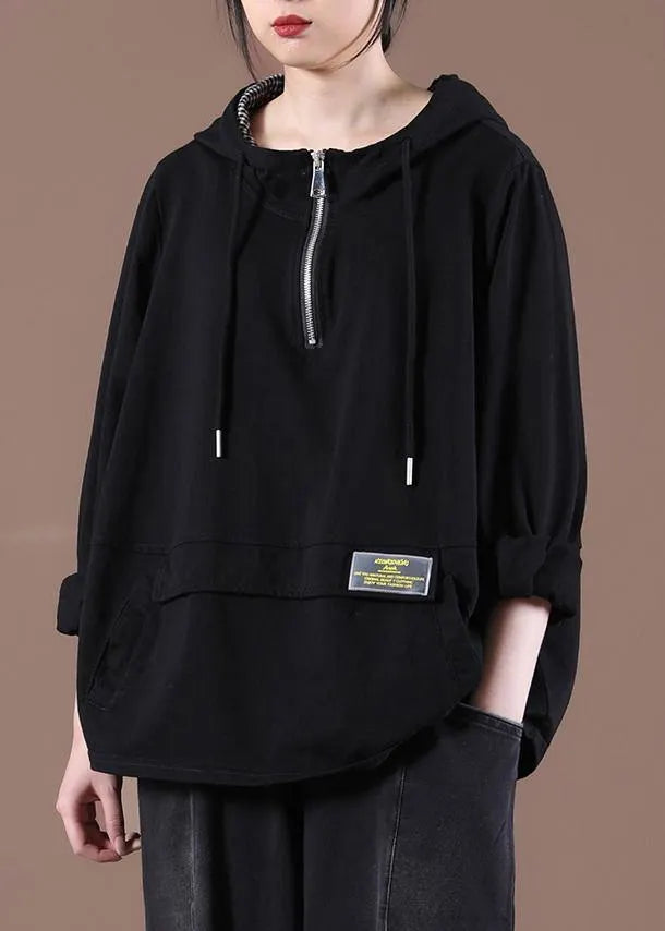 Zipper Spring Modern Blouse Black Tops