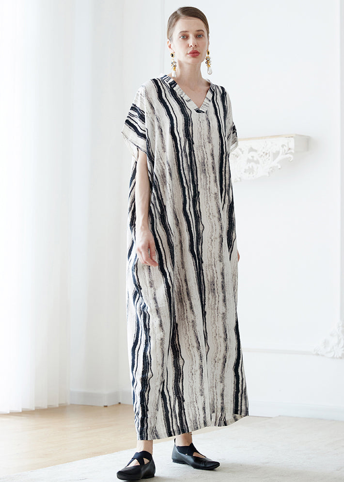 European and American Style V Neck Striped Cotton Holiday Robe Dresses Summer