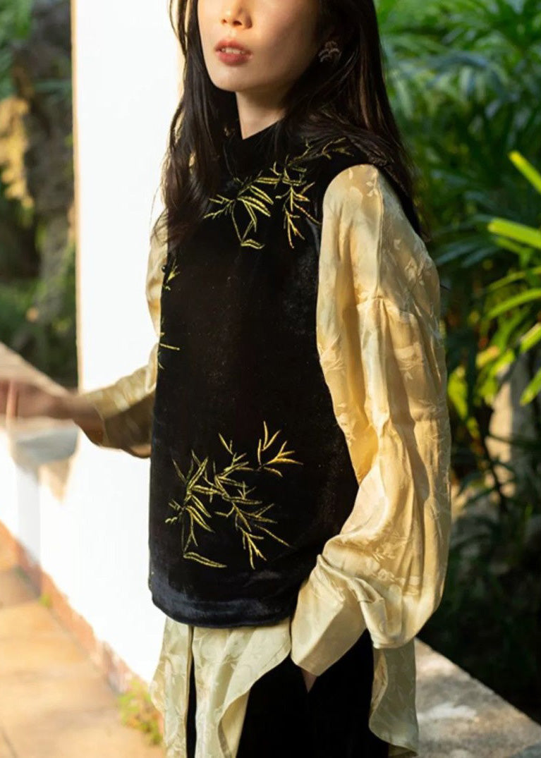 Black Stand Collar Embroideried Button Velour Waistcoat Sleeveless