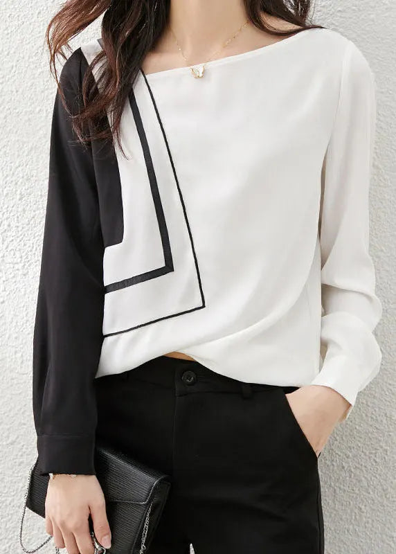 Black White Asymmetrical Design Patchwork Chiffon Top Long Sleeve