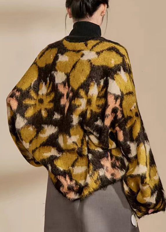 Colorblock V Neck Print Button Cotton Knit Cardigans Winter