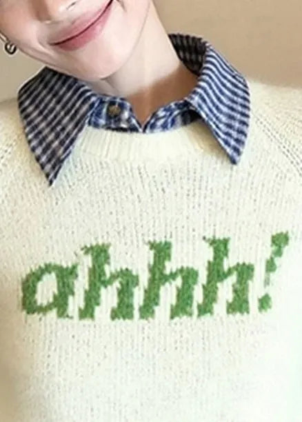 Diy Beige Letter Patchwork Knitted Fake Two Piece Sweater Spring