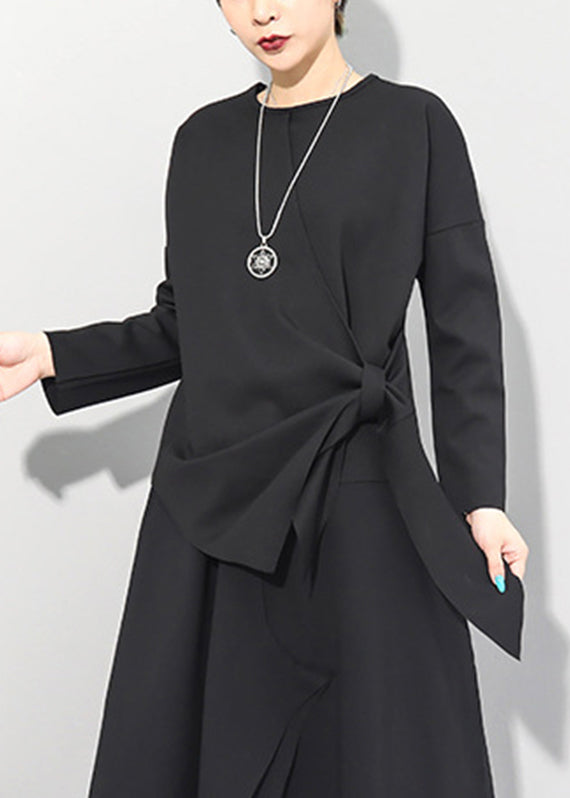 Black O-neck Asymmetrical Tie Waist Bow Top Long Sleeve