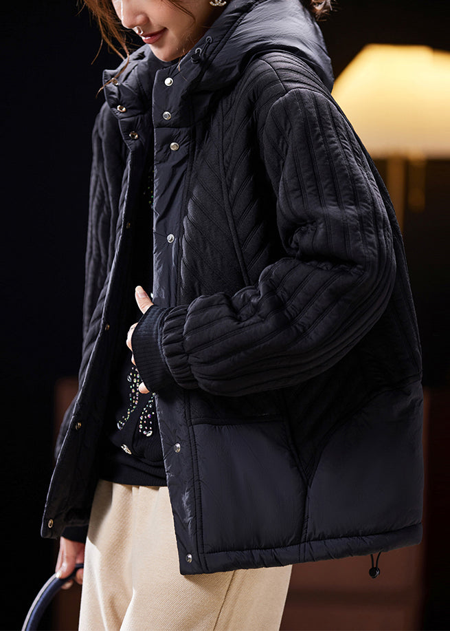 Black Hooded Button Cotton Filled Coat Long Sleeve