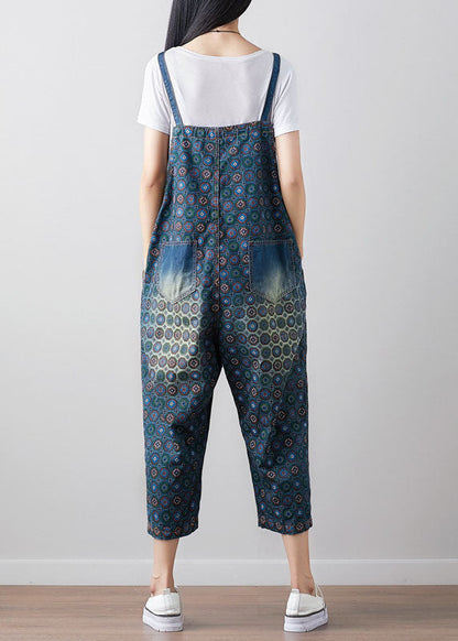 Loose Dark Blue Print Denim Jumpsuit Spring