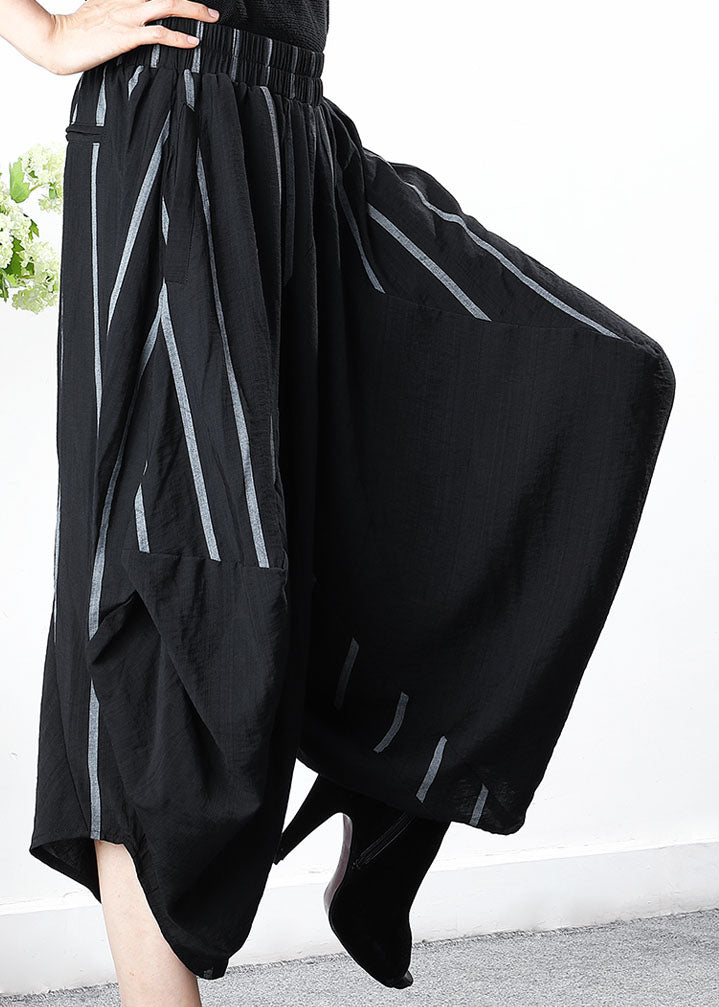 Comfy Black Striped Patchwork Asymmetrical Design Crop Spring Pants