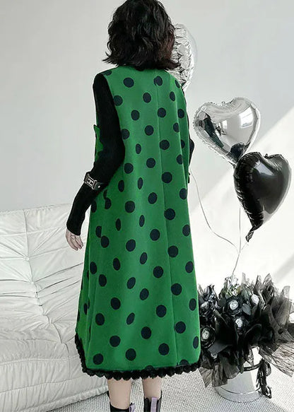 Modern Green V Neck Patchwork Dot Print Woolen Long Vest Sleeveless