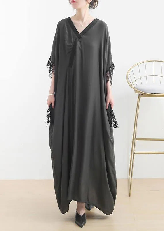 Fitted Grey Green V Neck Batwing Sleeve Vacation Dresses Summer Chiffon Dress