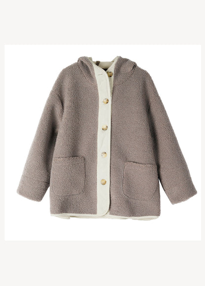 Apricot Hooded Pockets Patchwork Faux Fur Warm Fleece Coat Winter