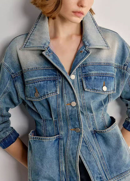 Italian Gradient Color Peter Pan Collar With Pockets Denim Coats Fall