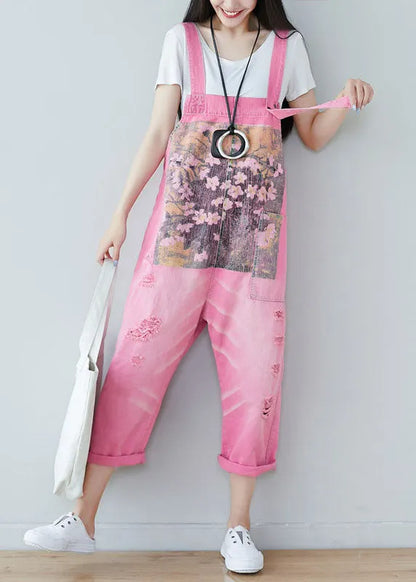 Handmade Pink Print Denim Straight Jumpsuits Spring