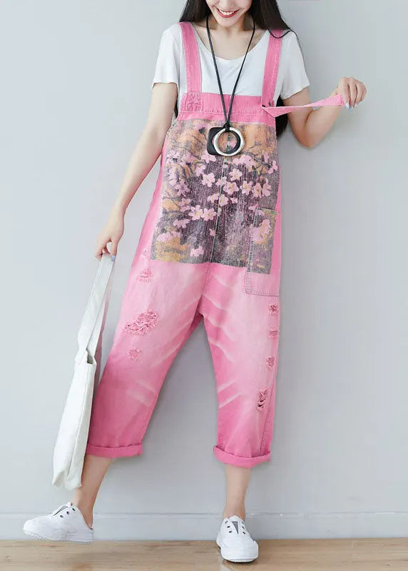 Handmade Pink Print Denim Straight Jumpsuits Spring