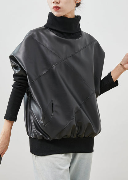 Black Turtle Neck Patchwork Sheepskin Sweatshirt Spring