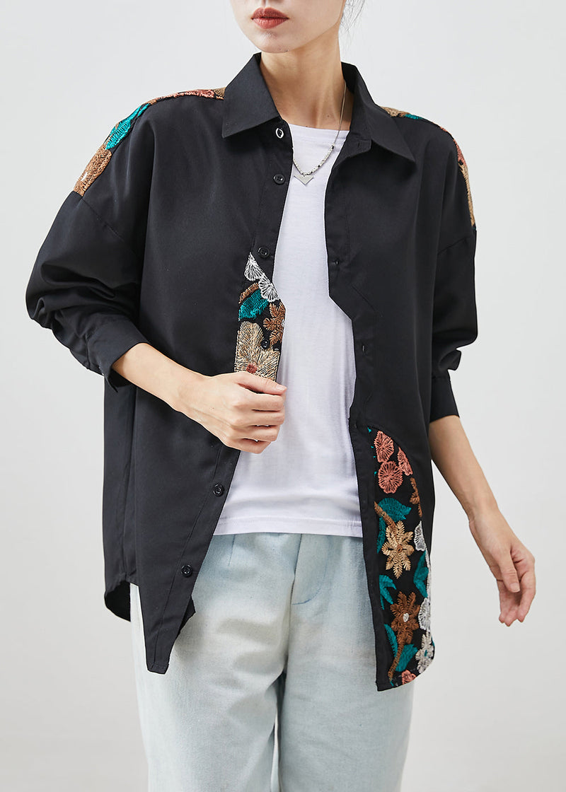 Black Embroideried Patchwork Cotton Shirt Top Fall